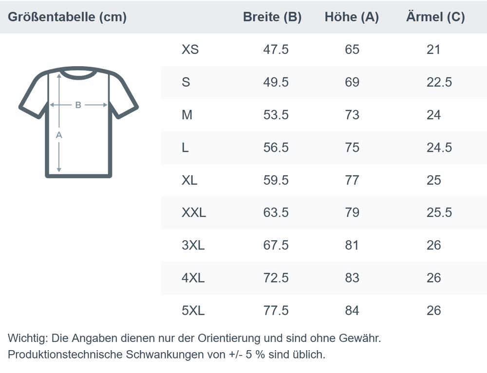 Größentabelle für das Bio-T-Shirt (Unisex) von Artbookings/Shirtigo: Maße in cm für die Größen XS bis 5XL – Breite (B), Höhe (A), Ärmel (C), Abweichungen bis ±5 %.