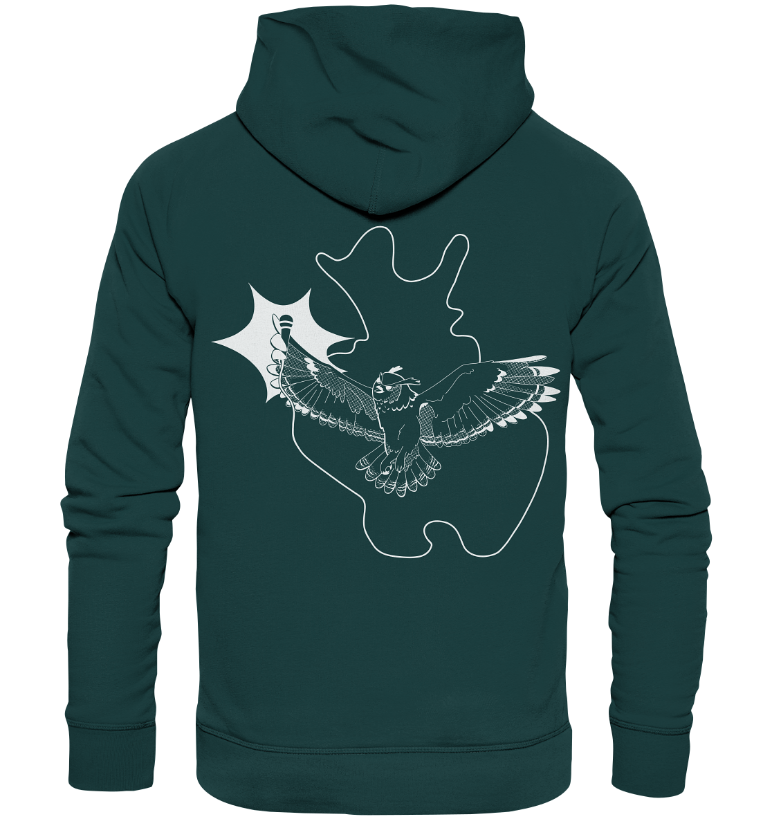Der Hoodie Poetry Slam - SLAM OWL von Artbookings/Shirtigo zeigt ein weißes Eulen-Logo und ein abstraktes Design auf dunkelgrünem Stoff in Bio-Qualität, perfekt für Poetry Slam-Fans.