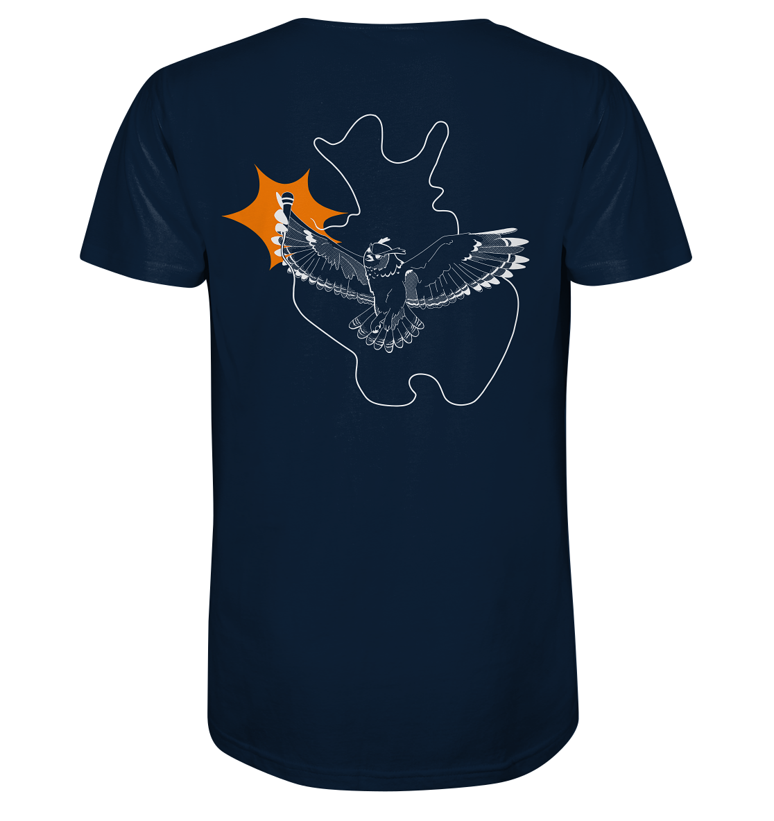 Rückseite eines marineblauen T-Shirts mit der Silhouette eines Falken in Weiß mit ausgebreiteten Flügeln. Der Falke schwebt über einer weißen abstrakten Form mit einem kleinen orangefarbenen Designelement, inspiriert von der Energie der Slam OWL Poetry Slam-Events in Ostwestfalen-Lippe.
Produktname: T-Shirt Poetry Slam – Slam OWL – Logo & Eule – weiß mit Orange auf Farbe | Bio-Qualität
Markenname: Artbookings/Shirtigo