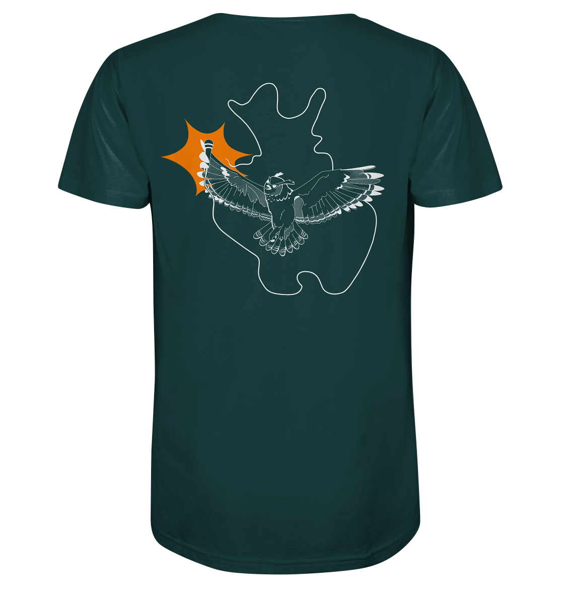 Grünes T-Shirt mit der Grafik eines Vogels im Flug, der aus dem weißen Umriss einer abstrakten Form hervortritt, akzentuiert mit orangefarbenen Sternen. Perfekt für Ihren nächsten Poetry Slam oder um den lebendigen Geist von Ostwestfalen-Lippe zu repräsentieren.
**Produktname:** T-Shirt Poetry Slam - Slam OWL - Logo & Eule - weiß mit Orange auf Farbe | Bio-Qualität
**Markenname:** Artbookings/Shirtigo