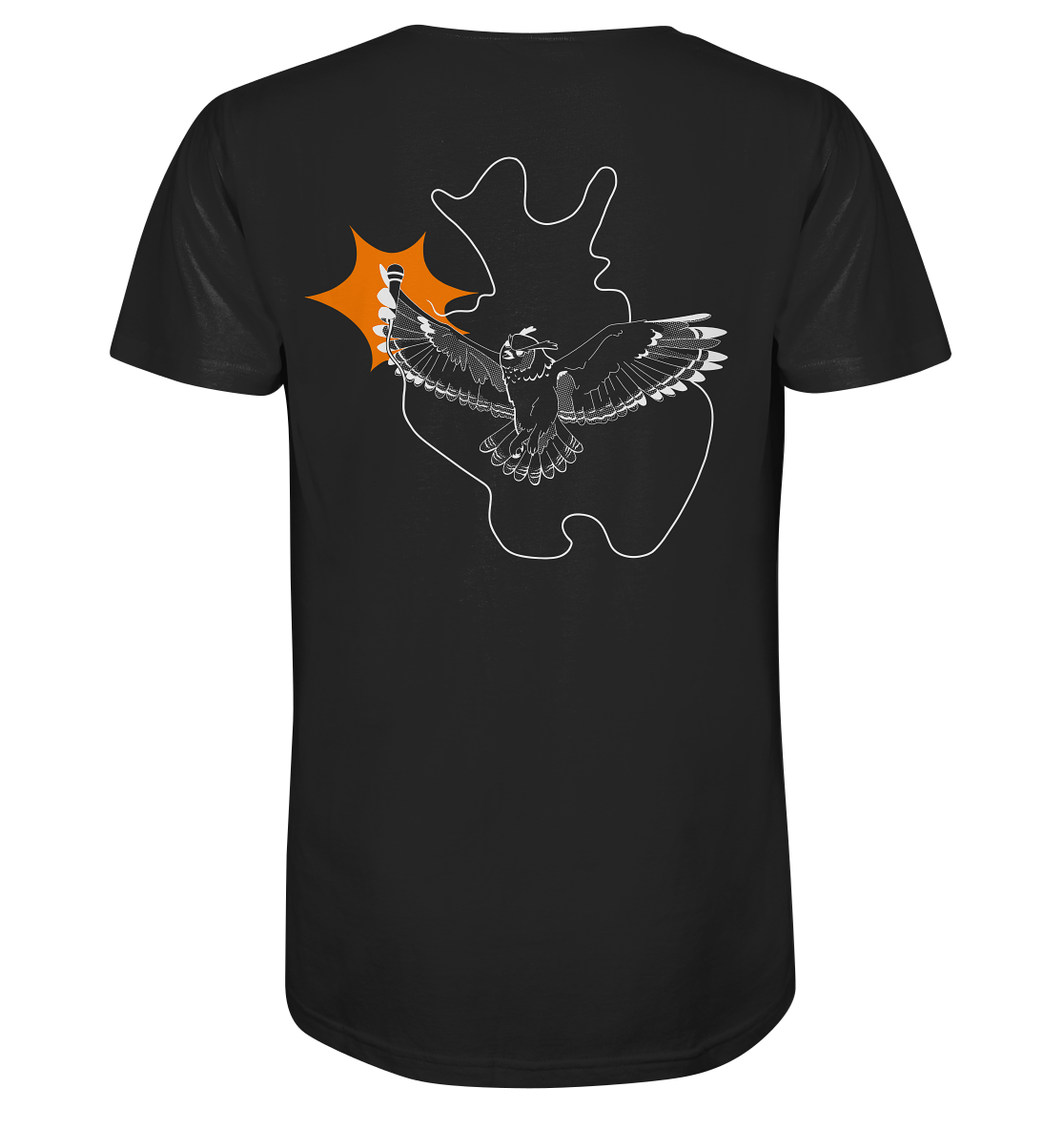 Schwarzes T-Shirt mit weißer Silhouette und einem abgebildeten Falken mit ausgebreiteten Flügeln, inspiriert von der dynamischen Energie des Poetry Slams in Ostwestfalen-Lippe. Das Design enthält ein orangefarbenes funkenähnliches Element im Hintergrund. Wir präsentieren das **T-Shirt Poetry Slam - Slam OWL - Logo & Eule - weiß mit Orange auf Farbe | Bio-Qualität** von **Artbookings/Shirtigo**.