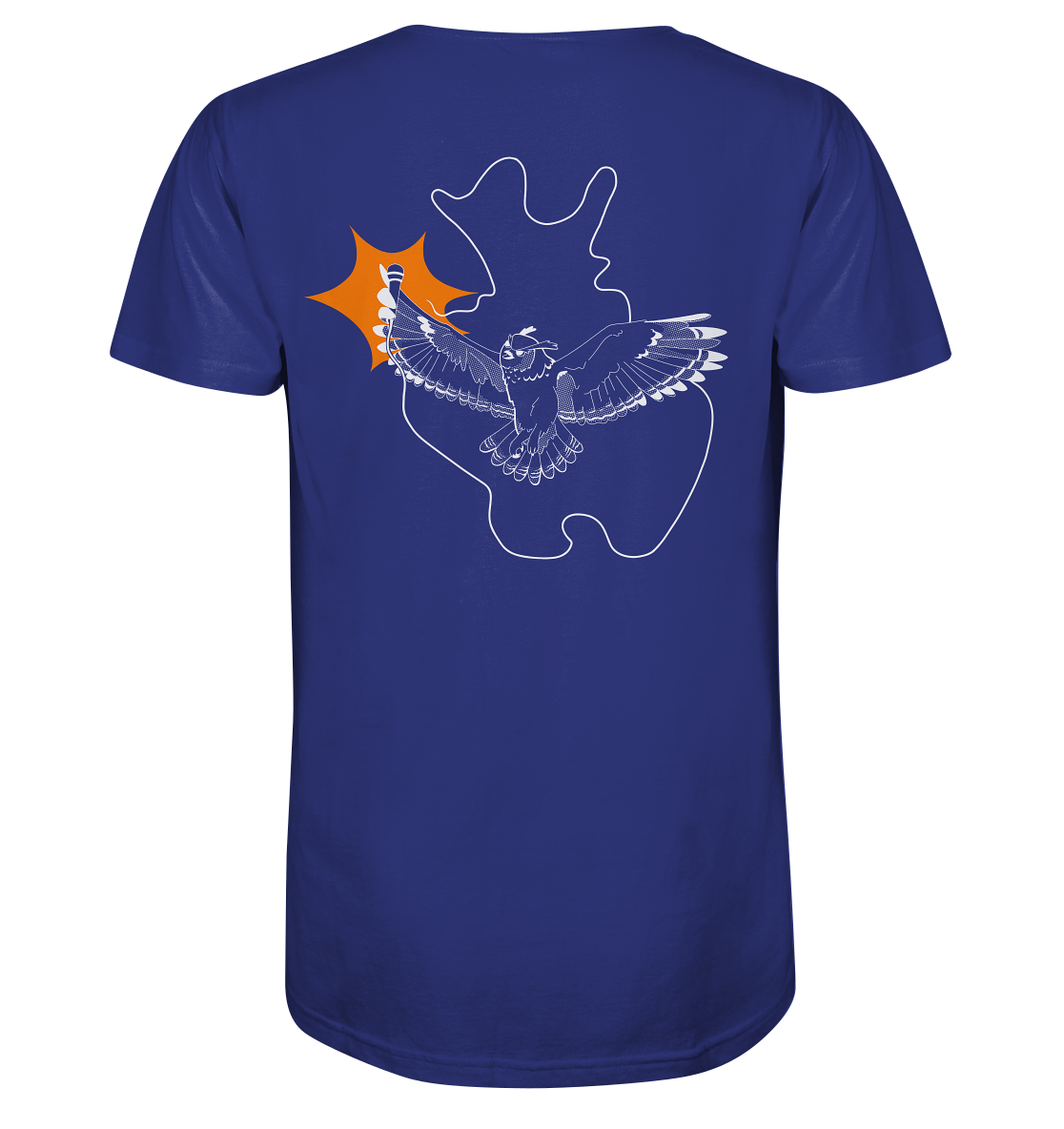 Ein T-Shirt Poetry Slam – Slam OWL – Logo & Eule – weiß mit Orange auf Farbe | Bio-Qualität mit einer Strichzeichnung eines Vogels im Flug, der eine Fackel hält, was an die Energie bei einem Poetry Slam erinnert. Das Design befindet sich auf der Rückseite mit einem orangefarbenen Stern in der Nähe der Fackel. Dieses Produkt ist von Artbookings/Shirtigo.