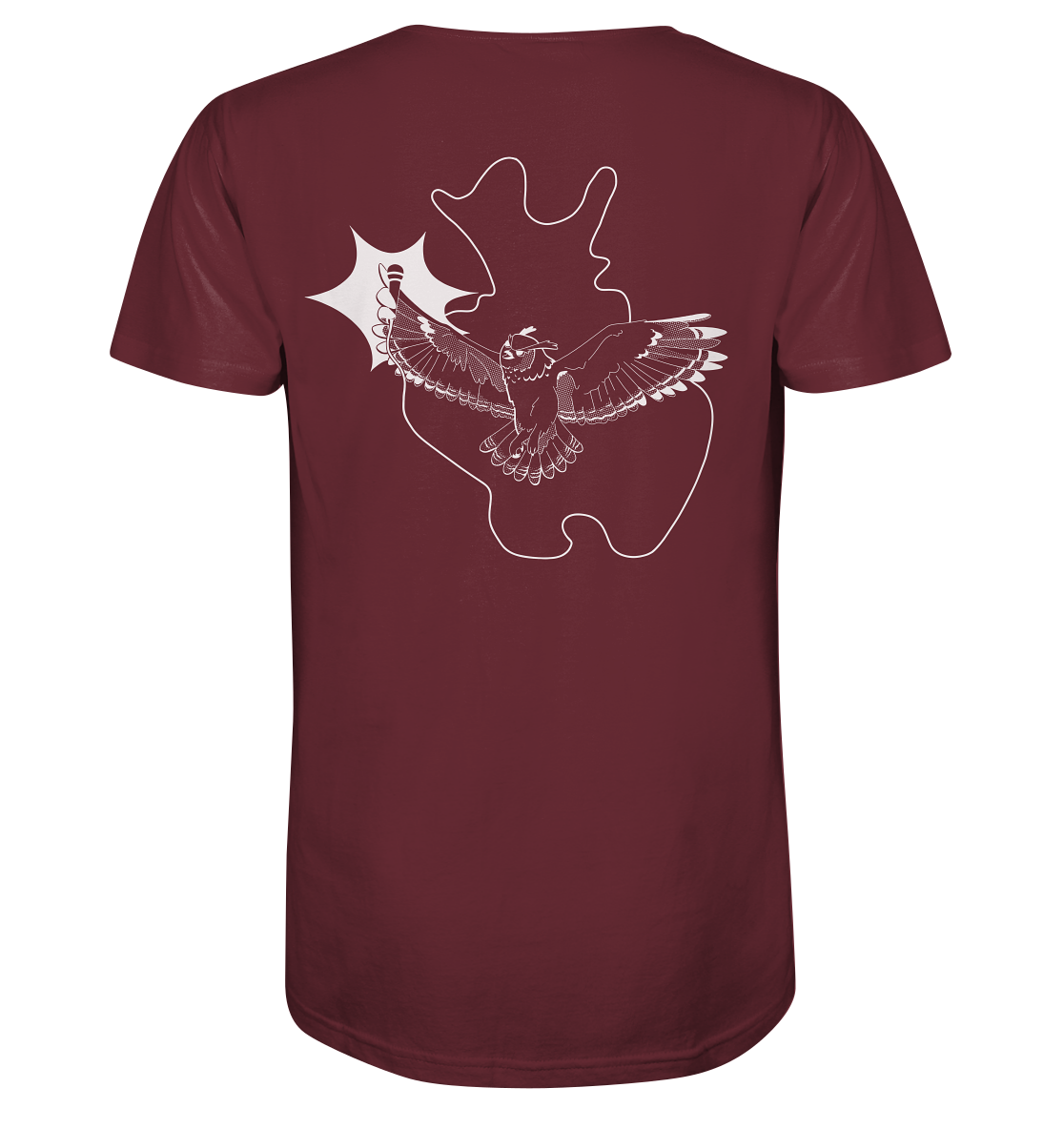 Kastanienbraunes T-Shirt Poetry Slam – SLAM OWL – Logo & Eule – weiß auf Farbe | Bio-Qualität mit einem weißen Umrissdesign auf der Rückseite, das eine stilisierte Kartenform von Ostwestfalen-Lippe mit einem fliegenden Adler und Impact-Sternen im Comic-Stil von Artbookings/Shirtigo zeigt.
