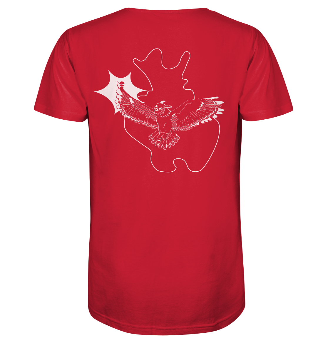 Rotes T-Shirt Poetry Slam - SLAM OWL - Logo & Eule - weiß auf Farbe | Bio-Qualität mit einer weißen Umrisszeichnung auf dem Rücken eines Adlers im Flug, der aus abstrakten Formen und Linien hervorgeht, perfekt für Fans von Slam OWL-Events oder Poetry Slams in Ostwestfalen-Lippe. Erhältlich bei Artbookings/Shirtigo.