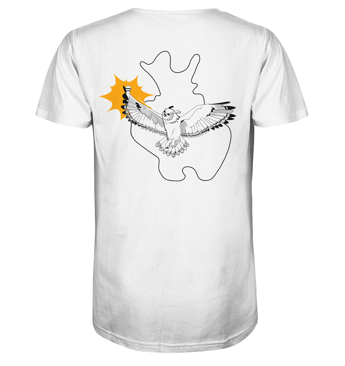 Ein weißes T-Shirt mit einer schwarz-weißen Vogelgrafik auf der Rückseite. Der Vogel fliegt auf ein gelbes Sternendesign zu, das an die pulsierende Energie bei einem Poetry Slam-Event erinnert. Produkt: T-Shirt Poetry Slam - Slam OWL - Logo & Eule - schwarz auf weiß | Bio-Qualität von Artbookings/Shirtigo.