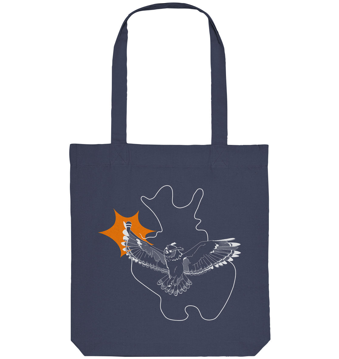 Ein Baumwoll-Tragetausche Slam OWL mit Logo & Eule - dunkel von Artbookings/Shirtigo zeigt die Umrisse einer Katze und einer Eule mit ausgebreiteten Flügeln, hervorgehoben durch eine orangefarbene Sternenform, die an die pulsierende Energie eines Poetry Slams in Ostwestfalen-Lippe erinnert.