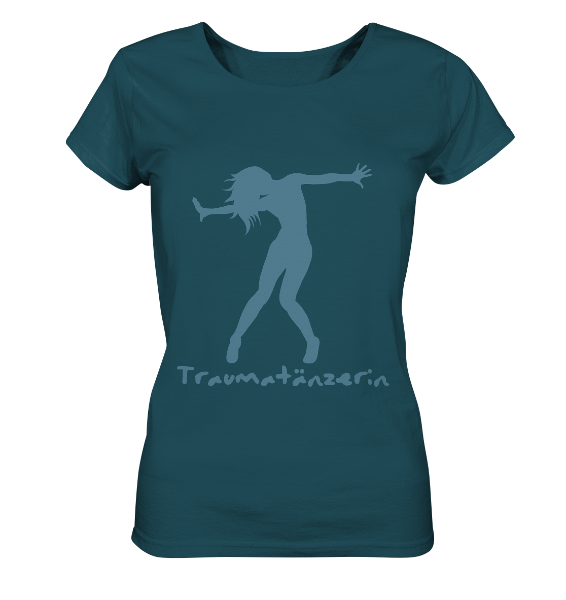 An Artbookings/Shirtigo Traumatänzerin - T-Shirt mit Spruch im Female Cut | Psychische Gesundheit mit der Silhouette einer Frau in einem blauen T-Shirt.