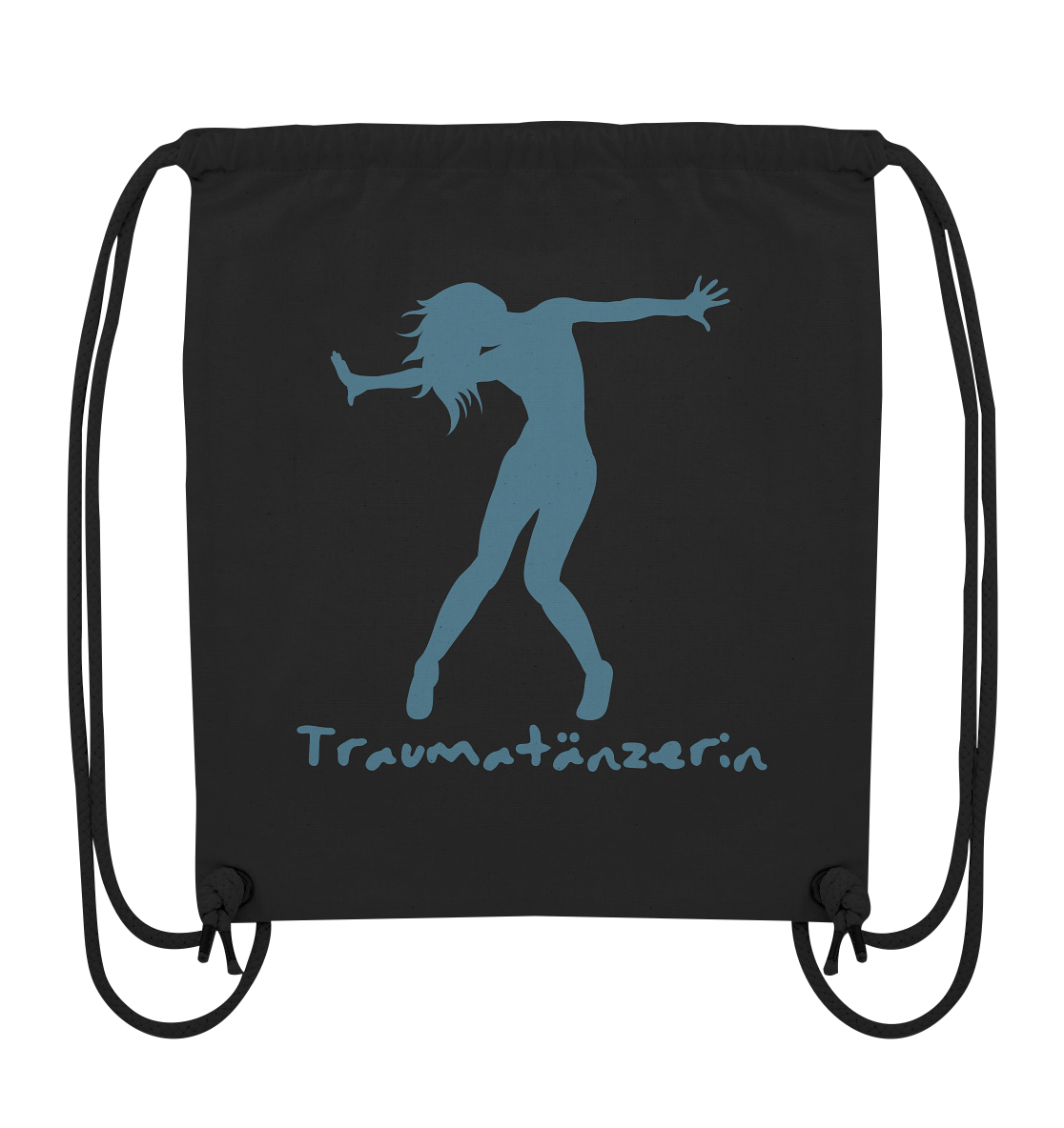 Ein schwarzer Kordelzugbeutel mit dem Produktnamen „Traumatänzerin – nachhaltiger Baumwoll-Turnbeutel mit Spruch“ und dem Markennamen „Artbookings/Shirtigo“.
