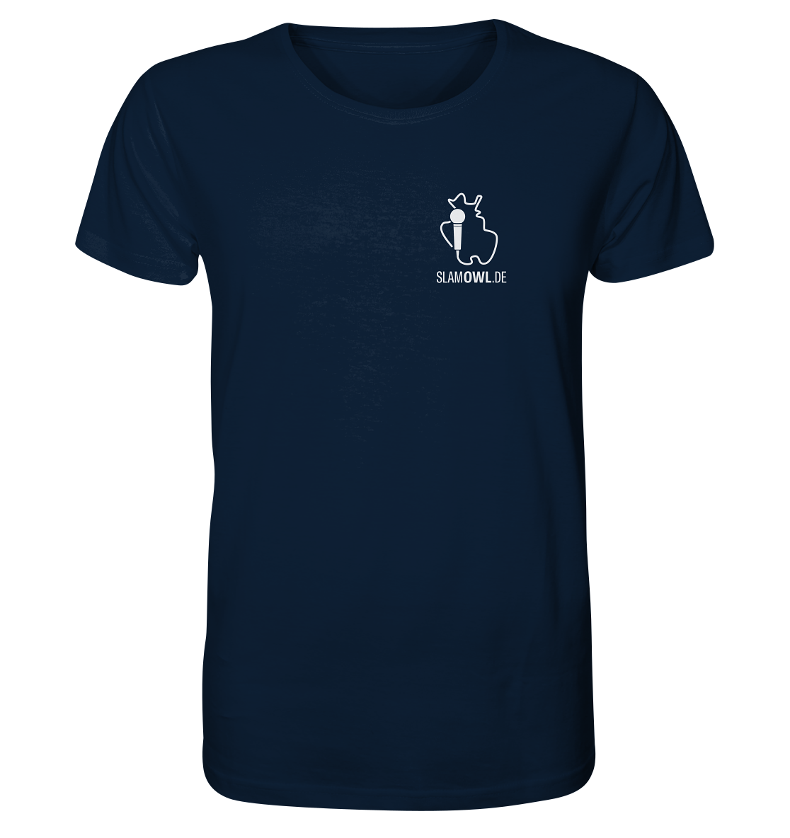 Marineblaues T-Shirt Poetry Slam – Slam OWL – Logo & Eule – weiß mit Orange auf Farbe | Bio-Qualität mit einem Logo mit einer Eule und dem Text „SLAMOWL.DE“ auf der oberen linken Brust zur Feier der Poetry Slam-Kultur in Ostwestfalen-Lippe von Artbookings/Shirtigo.