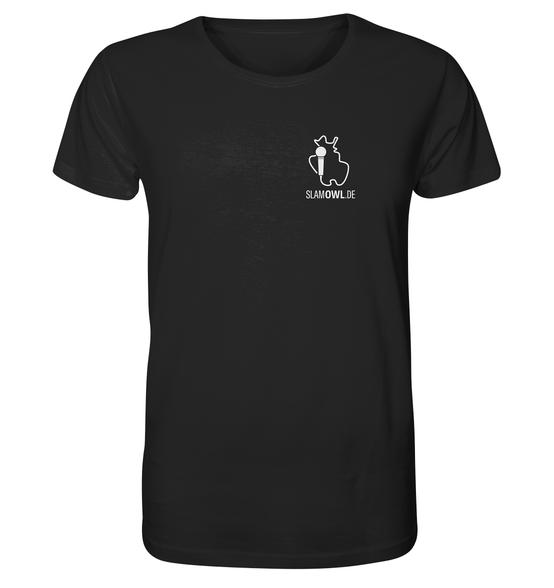 Schwarzes T-Shirt mit kleiner weißer Grafik einer Person und einer Katze, sowie dem Text „T-Shirt Poetry Slam – Slam OWL – Logo & Eule – weiß mit Orange auf Farbe | Bio-Qualität“ auf der linken Brustpartie von Artbookings/Shirtigo.