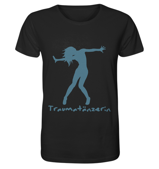 Das Traumatänzerin - T-Shirt mit Spruch von Artbookings/Shirtigo aus schwarzer Bio-Baumwolle zeigt einen blauen Tanz-Silhouettenprint und "Traumatänzerin" im Schriftzug - die perfekte Wahl für nachhaltige Mode.