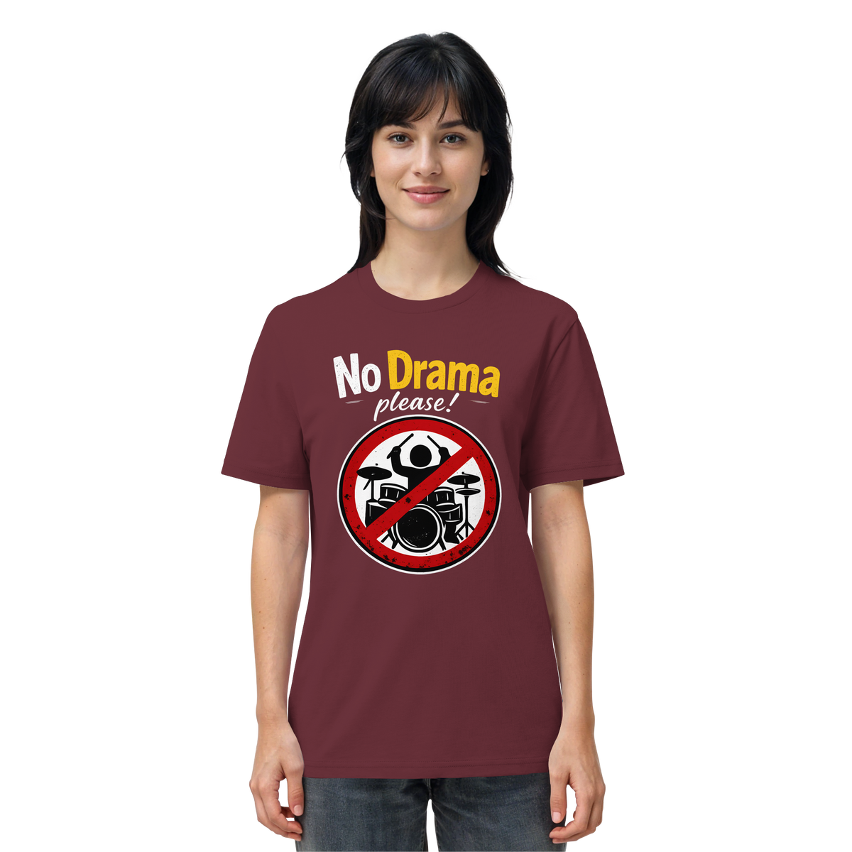 Eine Person, die ein T-Shirt von Artbookings/Shirtigo mit dem ironischen Spruch „No drama please!“ trägt | Dating / psychische Gesundheit, darauf abgebildet ist ein Schlagzeuger in einem Kreis.
