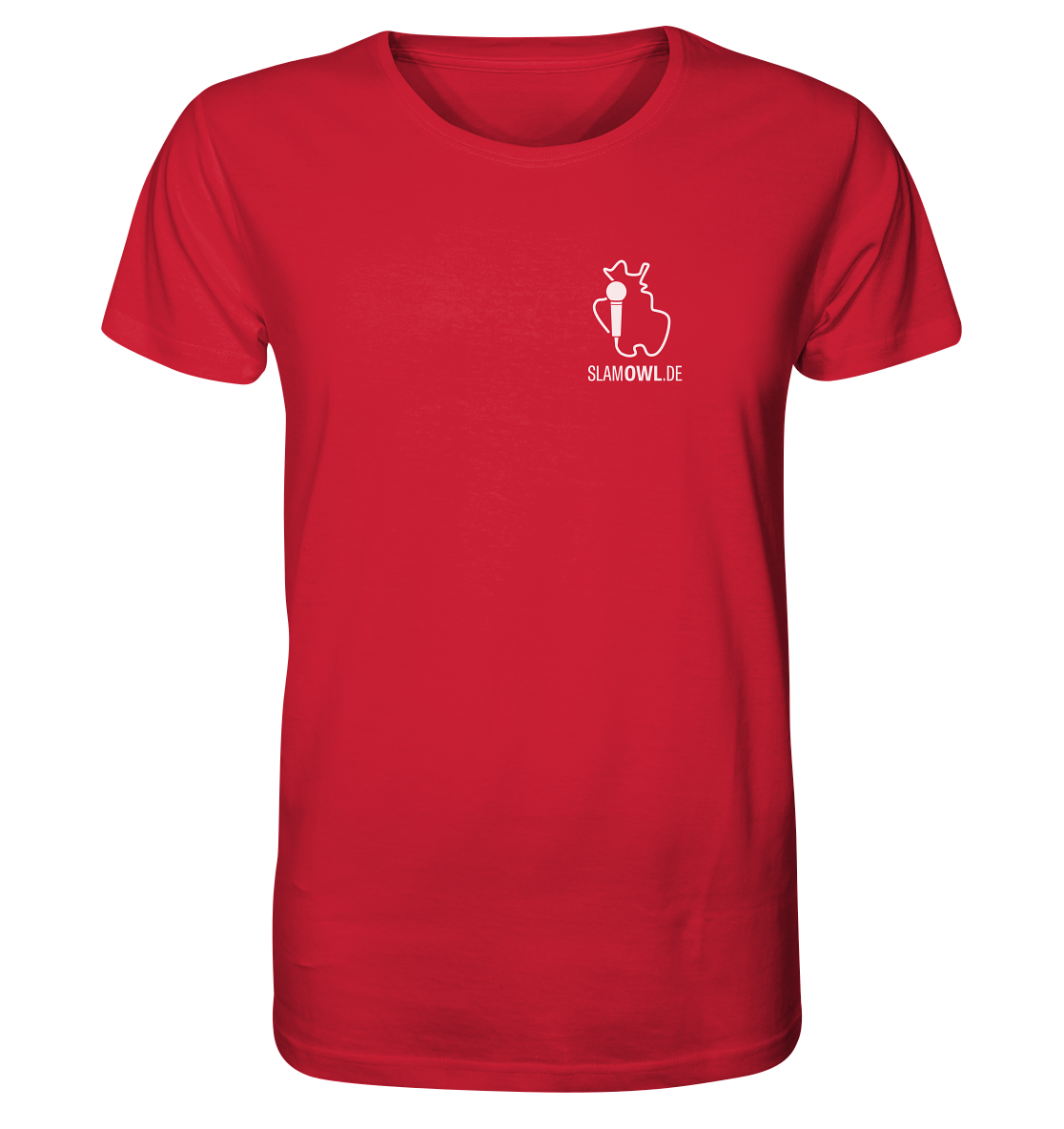 Ein T-Shirt Poetry Slam – SLAM OWL – Logo & Eule – weiß auf Farbe | Bio-Qualität von Artbookings/Shirtigo, mit einem weißen Logo mit einer Person und einem Megafon sowie dem Text „SLAMOWL.DE“ auf der linken Brustpartie, perfekt für Fans von Poetry Slam-Veranstaltungen in Ostwestfalen-Lippe.