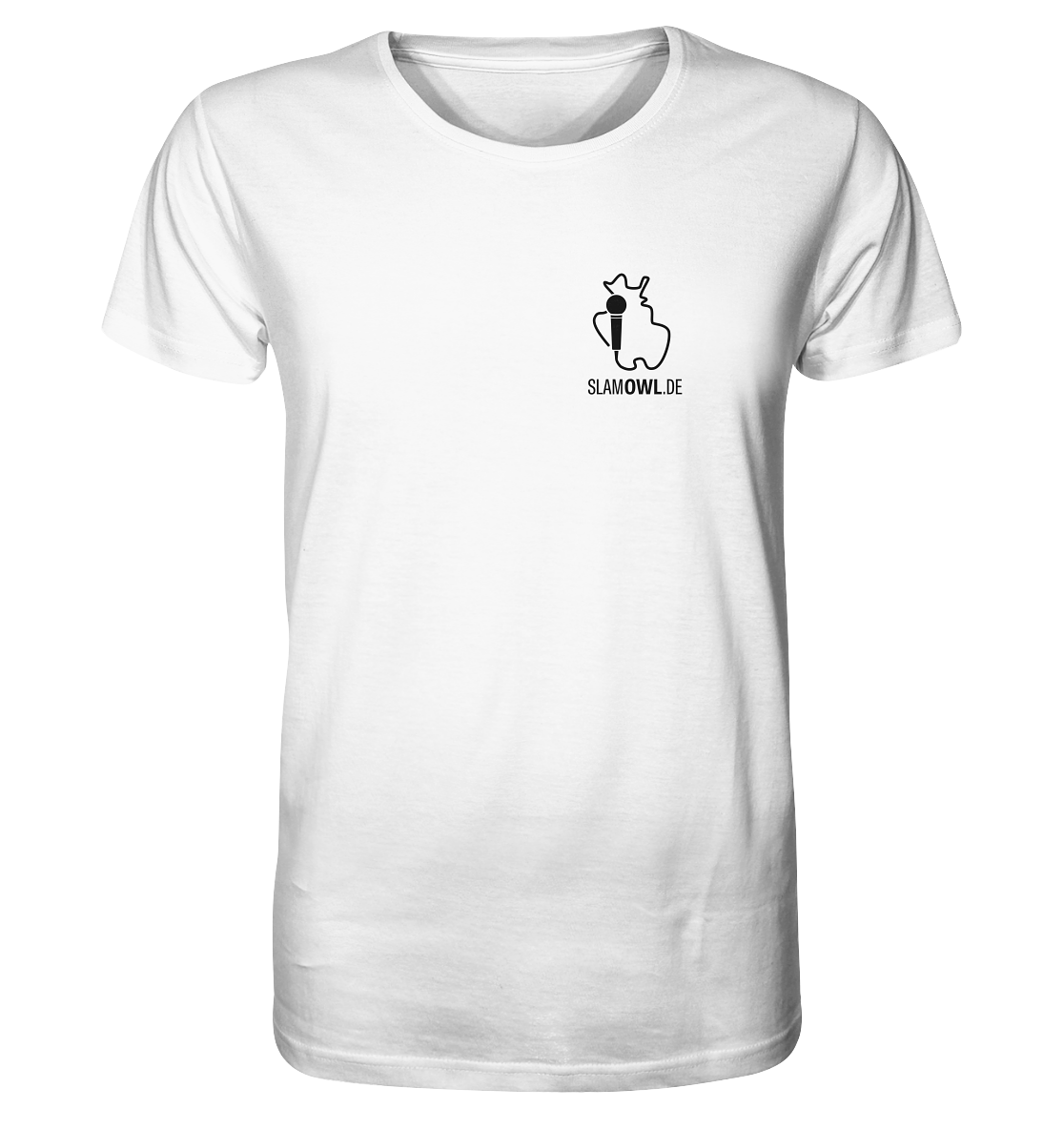 Weißes T-Shirt mit kleiner schwarzer Grafik und dem Text „SLAMOWL.DE“ auf der oberen linken Brustpartie, perfekt für Fans von Slam OWL und deutschsprachigen Meisterschaften im Poetry Slam. Produkt: T-Shirt Poetry Slam - Slam OWL - Logo & Eule - schwarz auf weiß | Bio-Qualität von Artbookings/Shirtigo.