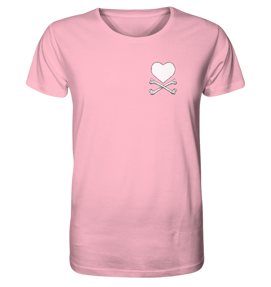 Das Krawall + Zärtlichkeit Poetry Slam T-Shirt von Artbookings/Shirtigo zeigt ein kleines weißes Herz über gekreuzten Knochen auf der linken Brust, ideal um die Liebe zur Kultur von Essen-Rüttenscheid auszudrücken oder es bei einem Poetry Slam zu tragen.