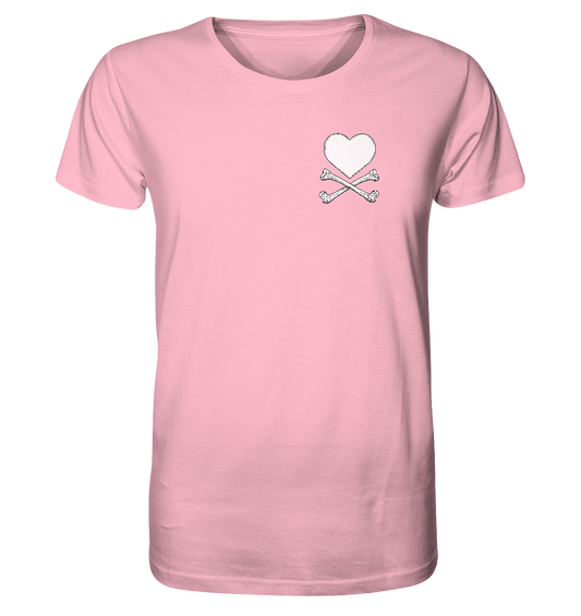 Das Krawall + Zärtlichkeit Poetry Slam T-Shirt von Artbookings/Shirtigo zeigt ein kleines weißes Herz über gekreuzten Knochen auf der linken Brust, ideal um die Liebe zur Kultur von Essen-Rüttenscheid auszudrücken oder es bei einem Poetry Slam zu tragen.