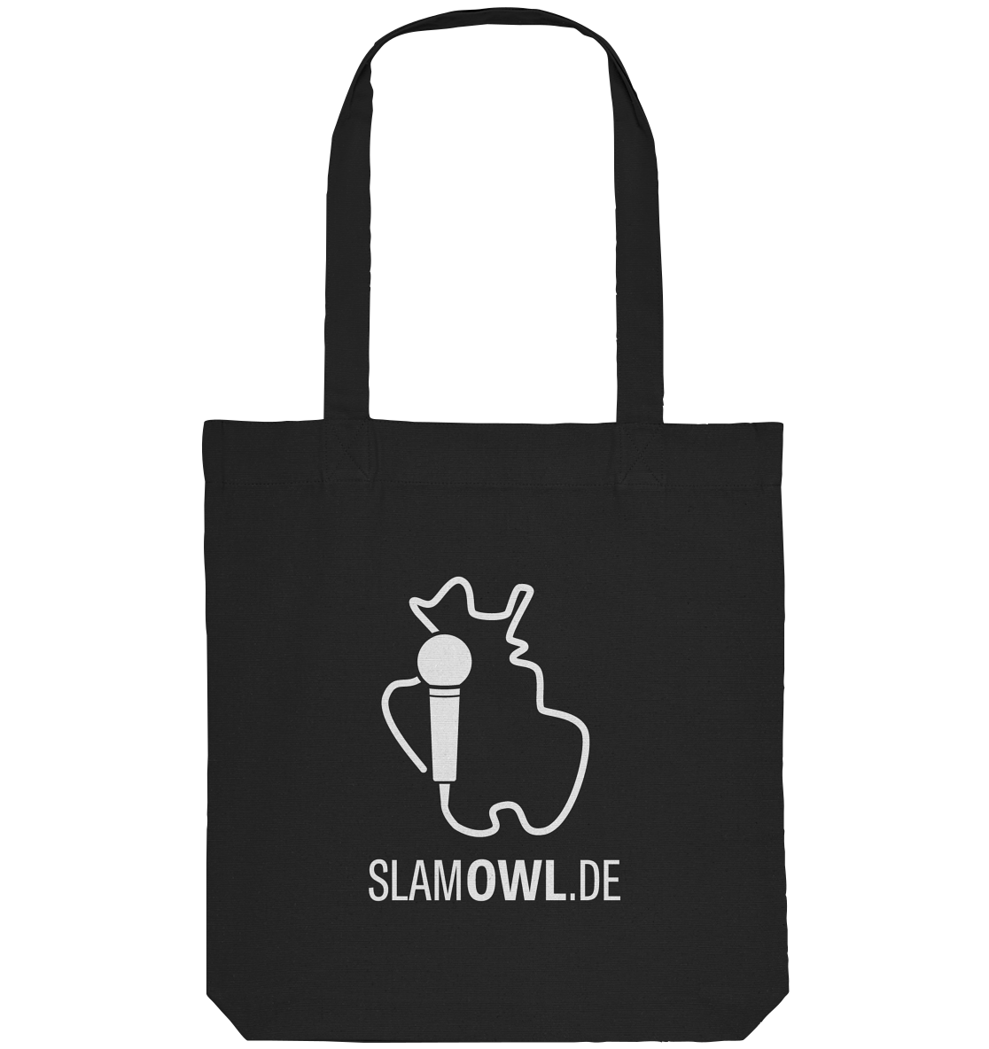 Baumwoll-Tragetasche Slam OWL mit Logo & Eule - dunkel | Poetry Slam von Artbookings/Shirtigo mit einer weißen Grafik einer abstrakten Figur, die ein Mikrofon hält, mit dem Text „SLAMOWL.DE“ darunter, perfekt für Fans von Poetry Slam in Ostwestfalen-Lippe.