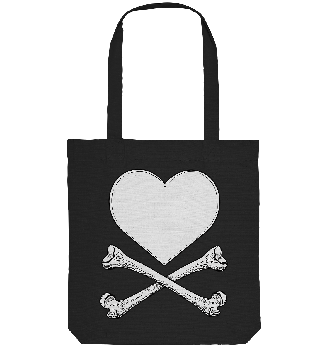 Die Baumwolltasche „Krawall + Zärtlichkeit Poetry Slam“ von Artbookings hat ein Herz-über-gekreuzten-Knochen-Design und ist ideal für einen Abend beim Poetry Slam in Essen-Rüttenscheid.