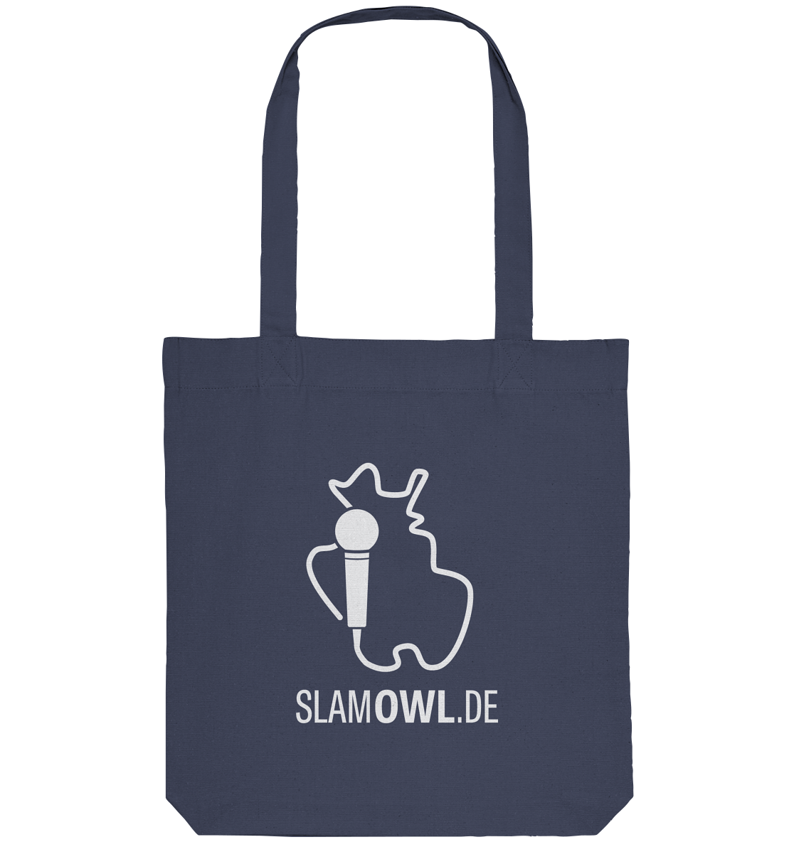 Eine Baumwoll-Tragetasche Slam OWL mit Logo & Eule - dunkel | Poetry Slam mit einer weißen Grafik eines Mikrofons und einer abstrakten Figur, darunter der Text „SLAMOWL.DE“. Perfekt für Poetry Slam-Enthusiasten und alle, die sich für die lebendige Szene in Ostwestfalen-Lippe begeistern. Marke: Artbookings/Shirtigo.