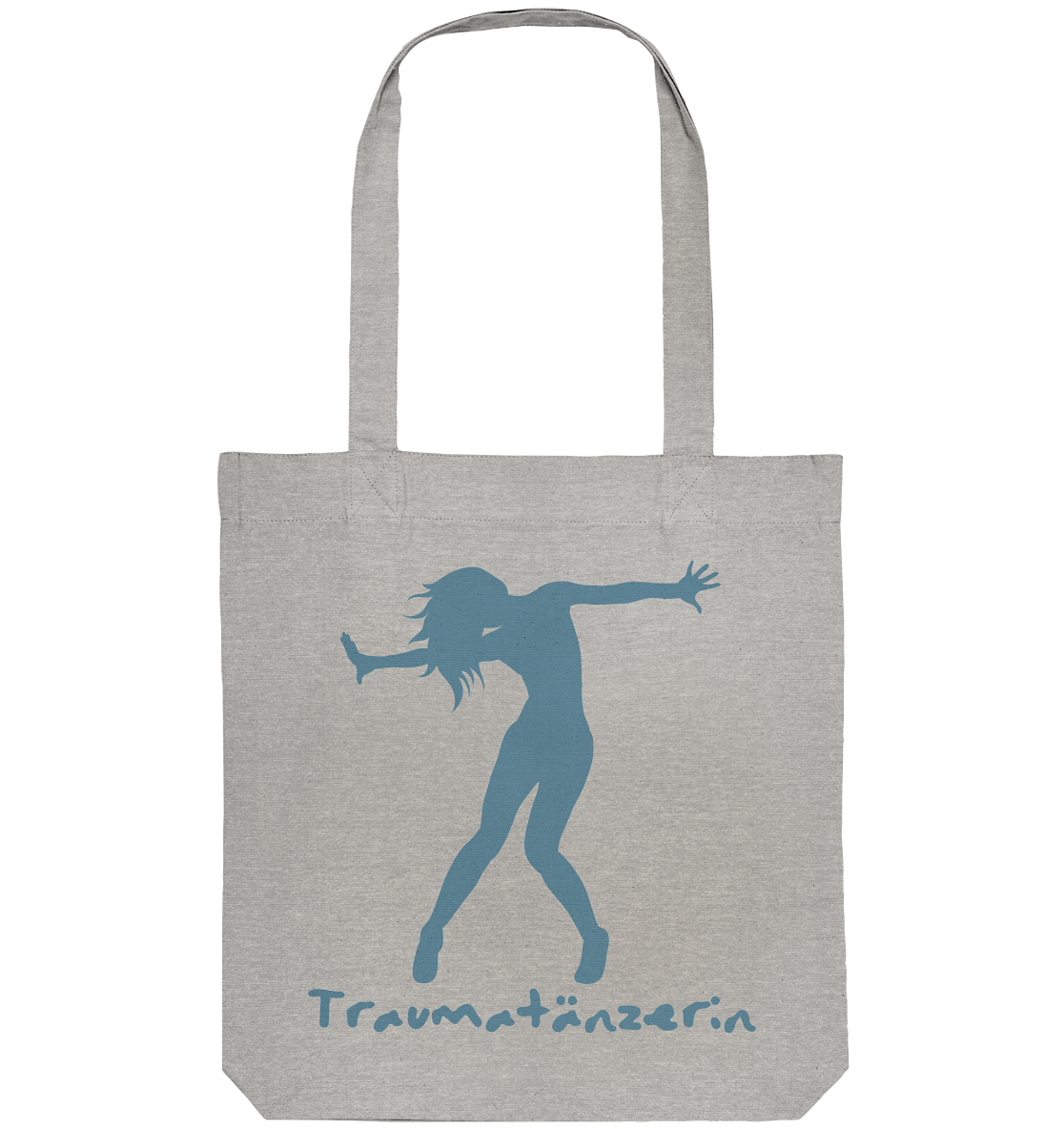 Eine Artbookings/Shirtigo Traumatänzerin Baumwoll-Tragetasche mit Spruch mit einer in der Luft tanzenden Frau.