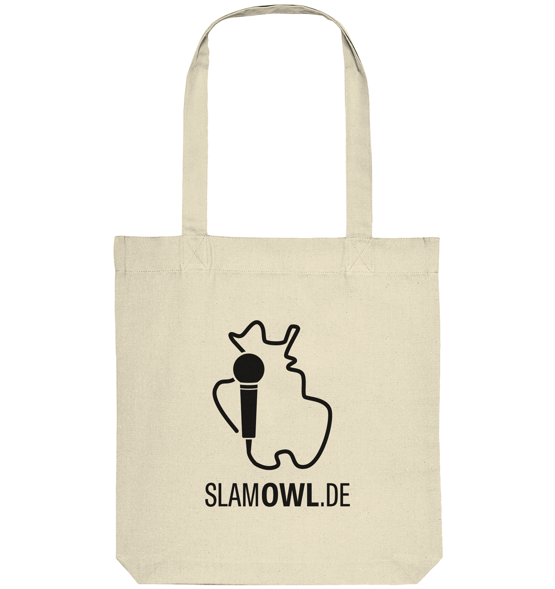 Eine Baumwoll-Tragetasche Slam OWL mit Logo & Eule – natur | Poetry Slam von Artbookings/Shirtigo mit dem schwarzen Umriss einer Person, die ein Mikrofon hält, und dem Text „SLAMOWL.DE“ unter dem Bild, eine Feier der lebendigen Poetry Slam-Szene in Ostwestfalen-Lippe.