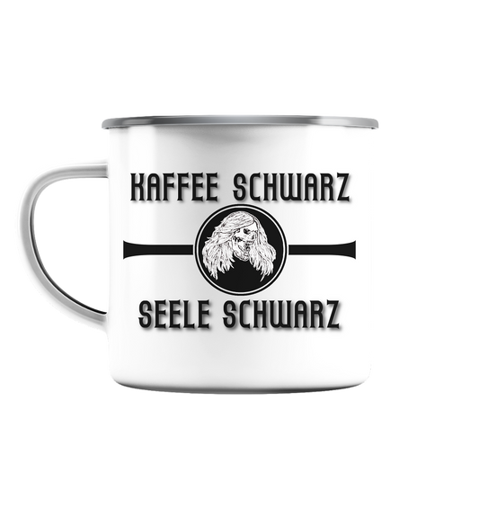 Eine Micha-El Goehre - offizielle Fan-Tasse: Kaffee schwarz - Emaille - weiß-silberne Tasse mit kunstdrucke-Design.