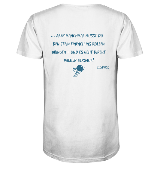 Ein weißes T-Shirt von Artbookings mit von Poetry Slam inspirierten Kunstwerken und Kunstdrucken, die den Sisyphos – Kraftakt / Tragik des Lebens – Variante darstellen
