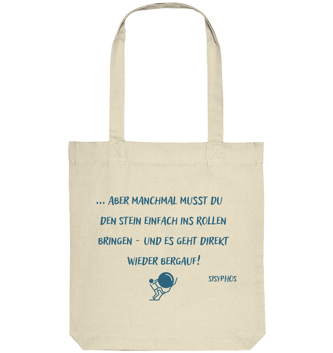 Eine Artbookings-Merchandise-Einkaufstasche mit dem Kunstwerk „Baumwolltasche Sisyphos – Kraftakt / Tragik des Lebens – Variante Berg“.