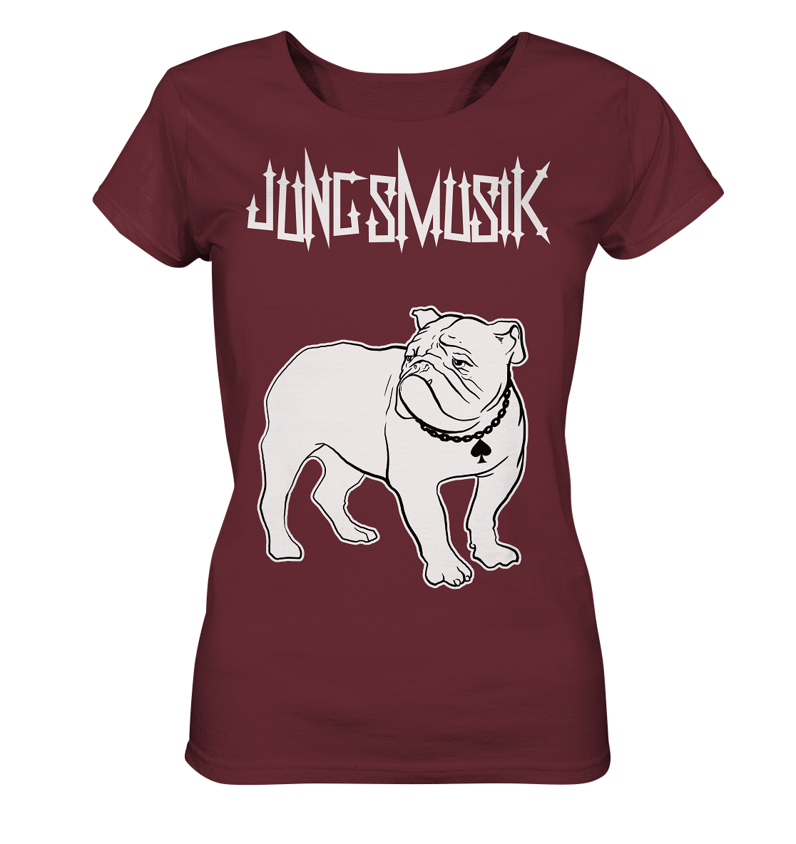Artbookings - Micha-El Goehre: Jungsmusik - T-Shirt mit Bulldogge Lemmy - weiblicher Schnitt mit Fotografie und Kunstwerk.