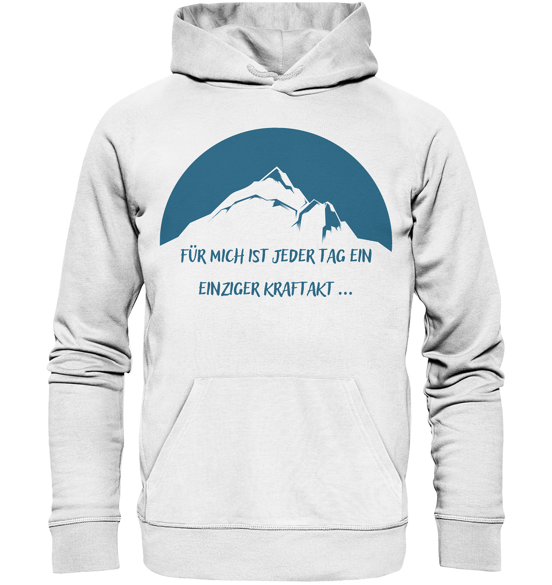 Ein vom Poetry Slam inspirierter Premium-Hoodie für Herren mit dem Artwork „Hoodie Sisyphos – Kraftakt / Tragik des Lebens – Variante Berg“ von Artbookings, das Poesie vereint