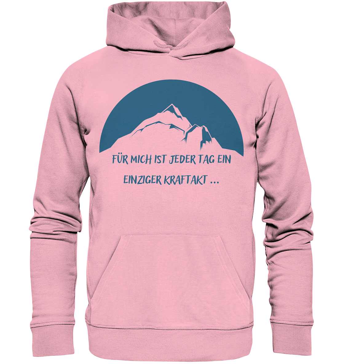 Ein rosa Hoodie Sisyphos - Kraftakt / Tragik des Lebens - Variante Berg von Artbookings mit Fotografie- und Merchandise-Elementen.