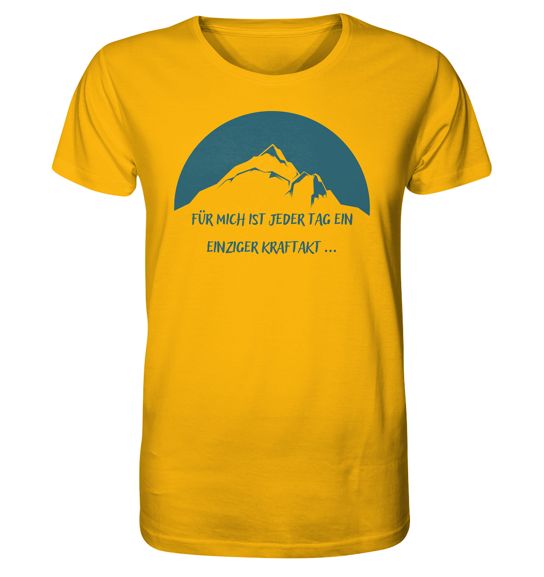 Ein gelbes T-Shirt von Artbookings mit einem vom Poetry Slam inspirierten Kunstdruck, der die poetische Tragödie des Lebens durch das ikonische Bild von Sisyphos, der einen Berg schiebt, vermittelt.