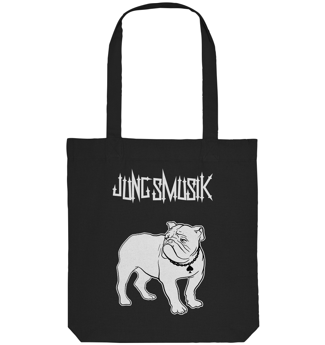 Eine Micha-El Goehre: Jungsmusik - Tragetasche mit Bulldogge Lemmy-Einkaufstasche mit Poetry-Slam-Artwork.