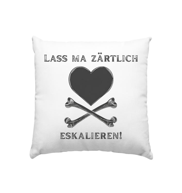 Herzform über gekreuzten Knochen auf schwarzem Hintergrund, die an eine verspielte Version einer Piratenflagge erinnert.