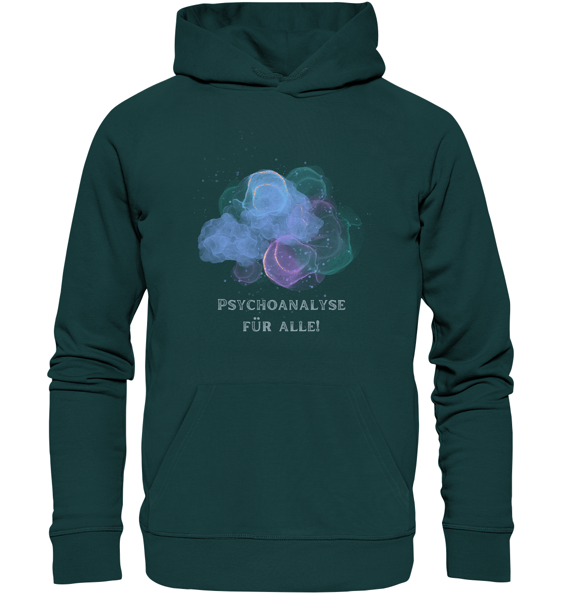 Grüner Bio-Hoodie mit dem Spruch „Psychoanalyse für alle!“