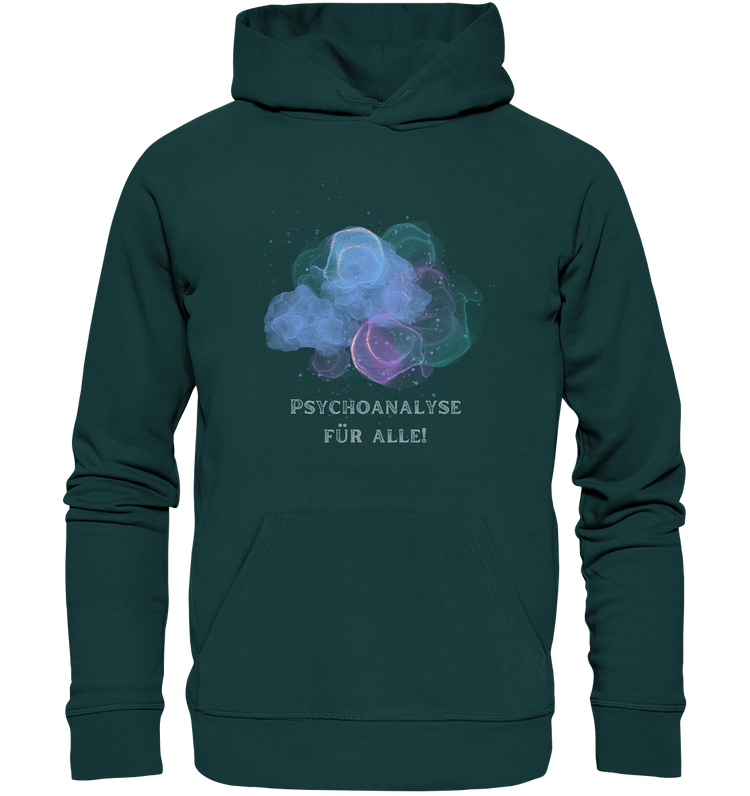 Grüner Bio-Hoodie mit dem Spruch „Psychoanalyse für alle!“