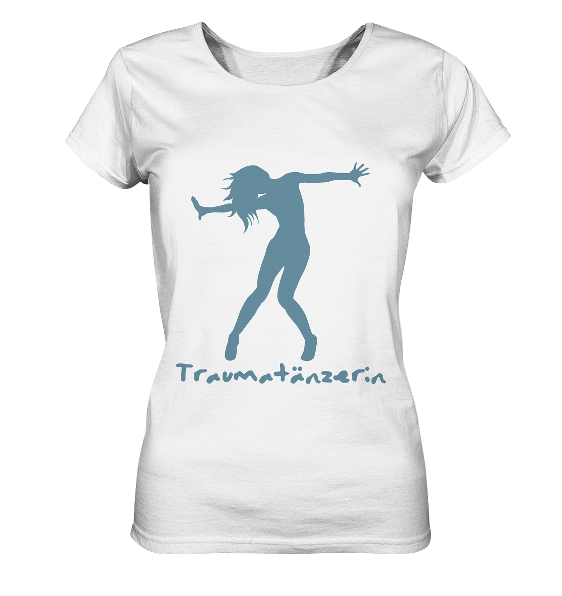 An Artbookings/Shirtigo Traumatänzerin - T-Shirt mit Spruch im Female Cut | Psychische Gesundheit mit einer Frau in einem weißen T-Shirt.
