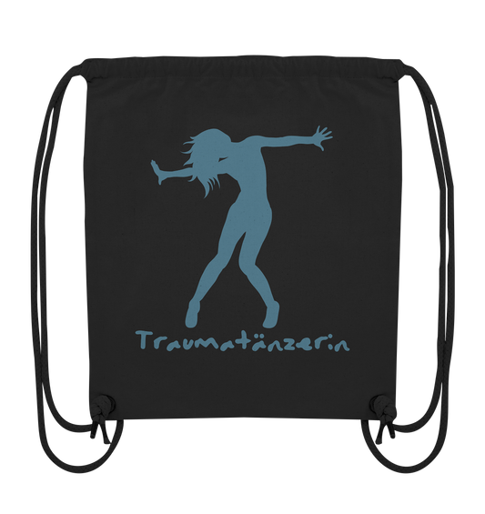 Ein schwarzer Kordelzugbeutel mit dem Produktnamen „Traumatänzerin – nachhaltiger Baumwoll-Turnbeutel mit Spruch“ und dem Markennamen „Artbookings/Shirtigo“.