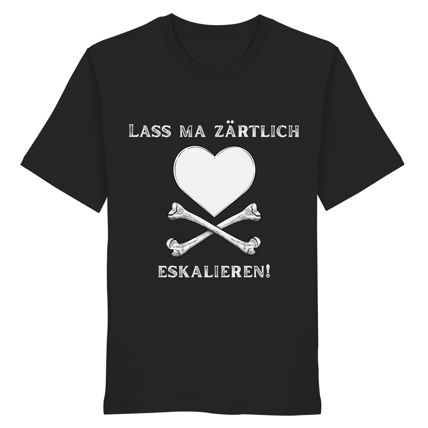 Das „Krawall + Zärtlichkeit Poetry Slam – Lass ma zärtlich eskalieren!“ Bio-T-Shirt von Artbookings/Shirtigo zeigt weißen Text mit einem Herz und gekreuzten Knochen – perfekt für Fans oder als Blickfang beim Poetry Slam Essen.