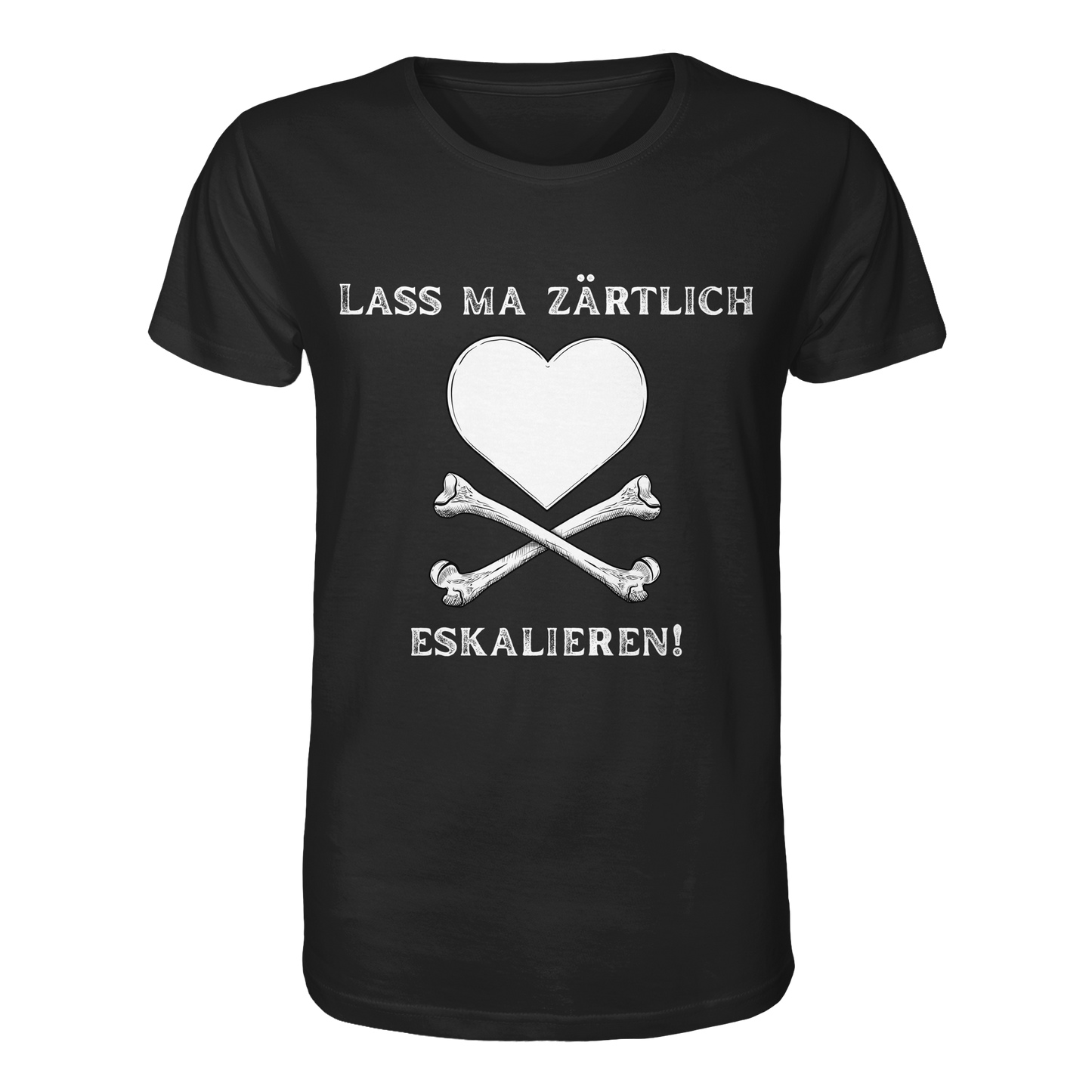 Das „Krawall + Zärtlichkeit“-Poetry-Slam-T-Shirt – „Lass ma zärtlich eskalieren!“ von Artbookings/Shirtigo zeigt ein weißes Herz über gekreuzten Knochen mit deutschem Text, inspiriert vom Poetry Slam Essen. Hergestellt aus Bio-Materialien.