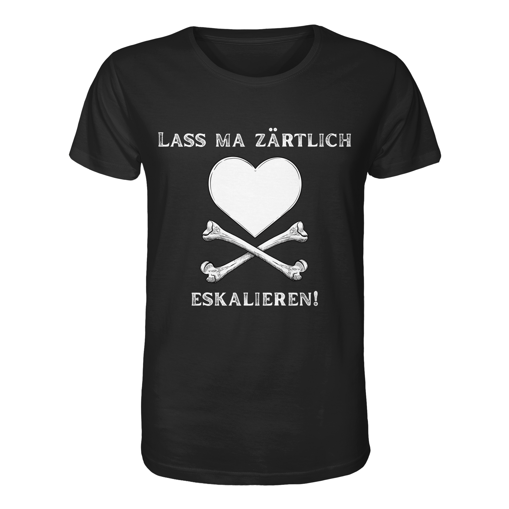 Das „Krawall + Zärtlichkeit“-Poetry-Slam-T-Shirt – „Lass ma zärtlich eskalieren!“ von Artbookings/Shirtigo zeigt ein weißes Herz über gekreuzten Knochen mit deutschem Text, inspiriert vom Poetry Slam Essen. Hergestellt aus Bio-Materialien.