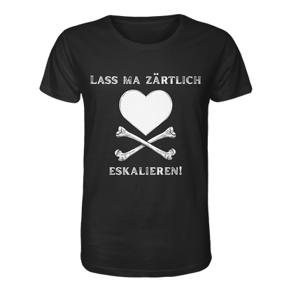 Das „Krawall + Zärtlichkeit“-Poetry-Slam-T-Shirt – „Lass ma zärtlich eskalieren!“ von Artbookings/Shirtigo zeigt ein weißes Herz über gekreuzten Knochen mit deutschem Text, inspiriert vom Poetry Slam Essen. Hergestellt aus Bio-Materialien.