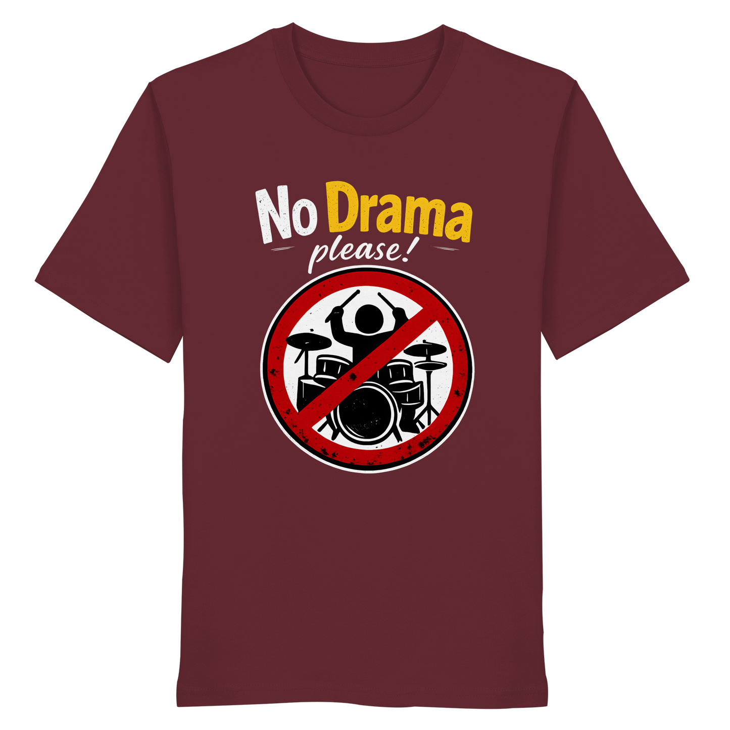 Das Artbookings/Shirtigo T-Shirt mit dem Spruch "No drama please!" ist ideal für alle, die beim Dating oder für psychische Gesundheit ein Statement setzen wollen. Modell: T-Shirt mit ironischem Spruch - Bio-Baumwolle, Maroon.