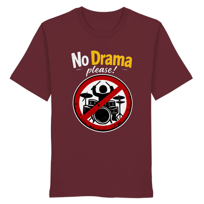 Das Artbookings/Shirtigo T-Shirt mit dem Spruch "No drama please!" ist ideal für alle, die beim Dating oder für psychische Gesundheit ein Statement setzen wollen. Modell: T-Shirt mit ironischem Spruch - Bio-Baumwolle, Maroon.