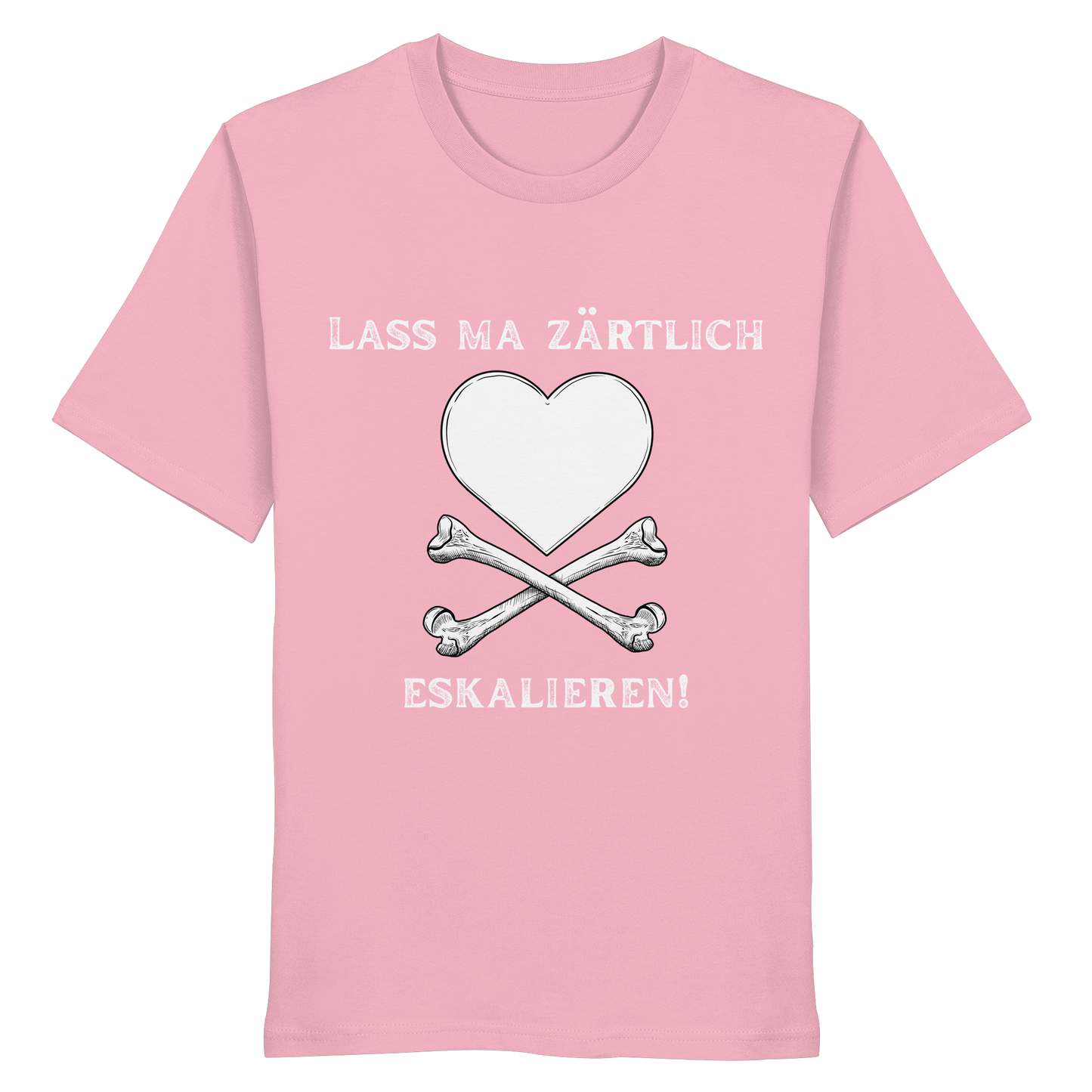 Rosa „Krawall + Zärtlichkeit Poetry Slam – Lass ma zärtlich eskalieren!“ Bio-T-Shirt von Artbookings/Shirtigo mit einem weißen Herz über gekreuzten Knochen und dem Spruch „LASS MA ZÄRTLICH ESKALIEREN!“ – inspiriert vom Poetry Slam Essen.