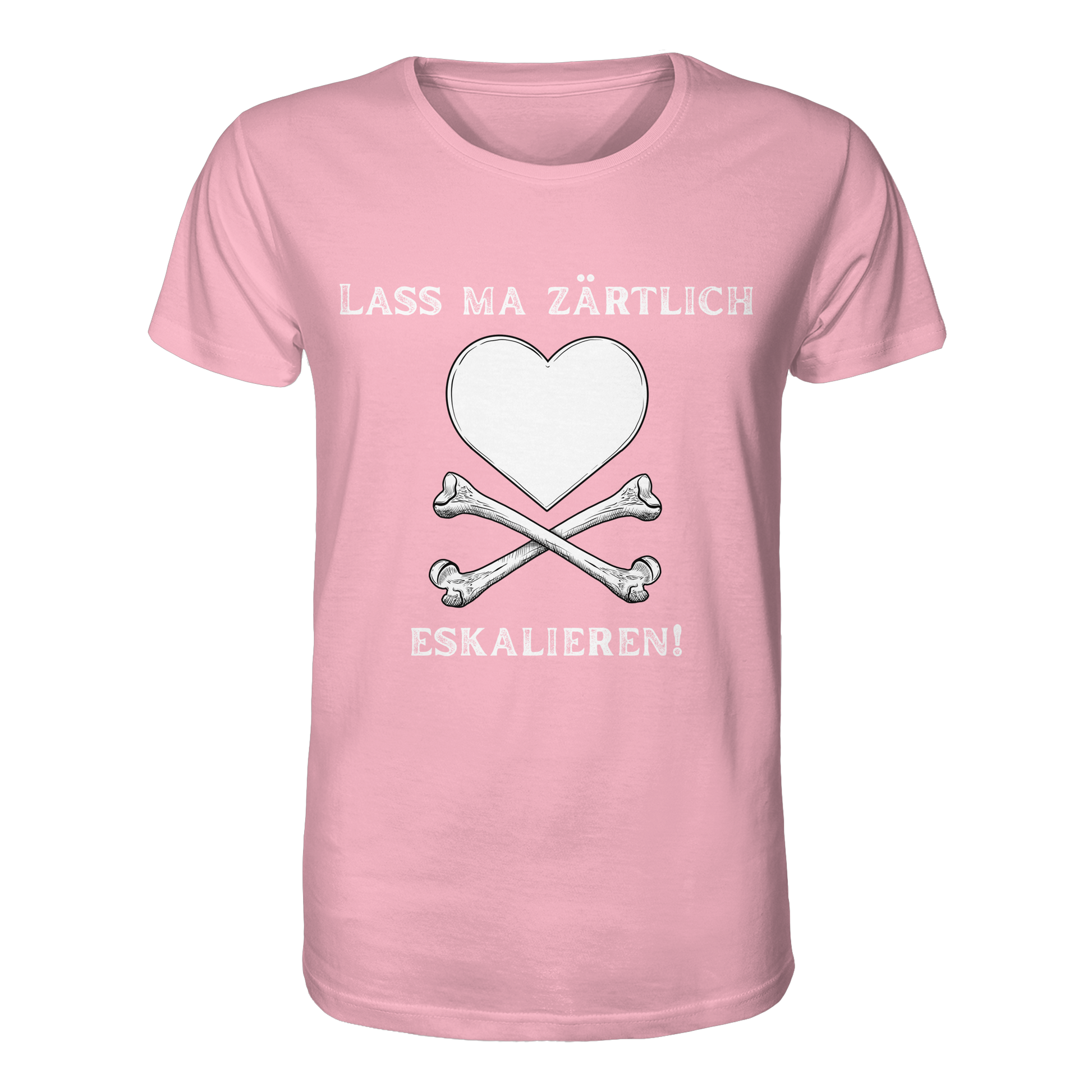 Das „Krawall + Zärtlichkeit Poetry Slam – Lass ma zärtlich eskalieren!“ Bio-T-Shirt von Artbookings/Shirtigo zeigt ein pinkfarbenes Motiv mit einem weißen Herz, zwei gekreuzten Knochen und dem Spruch – ideal für Fans des Poetry Slam Essen.