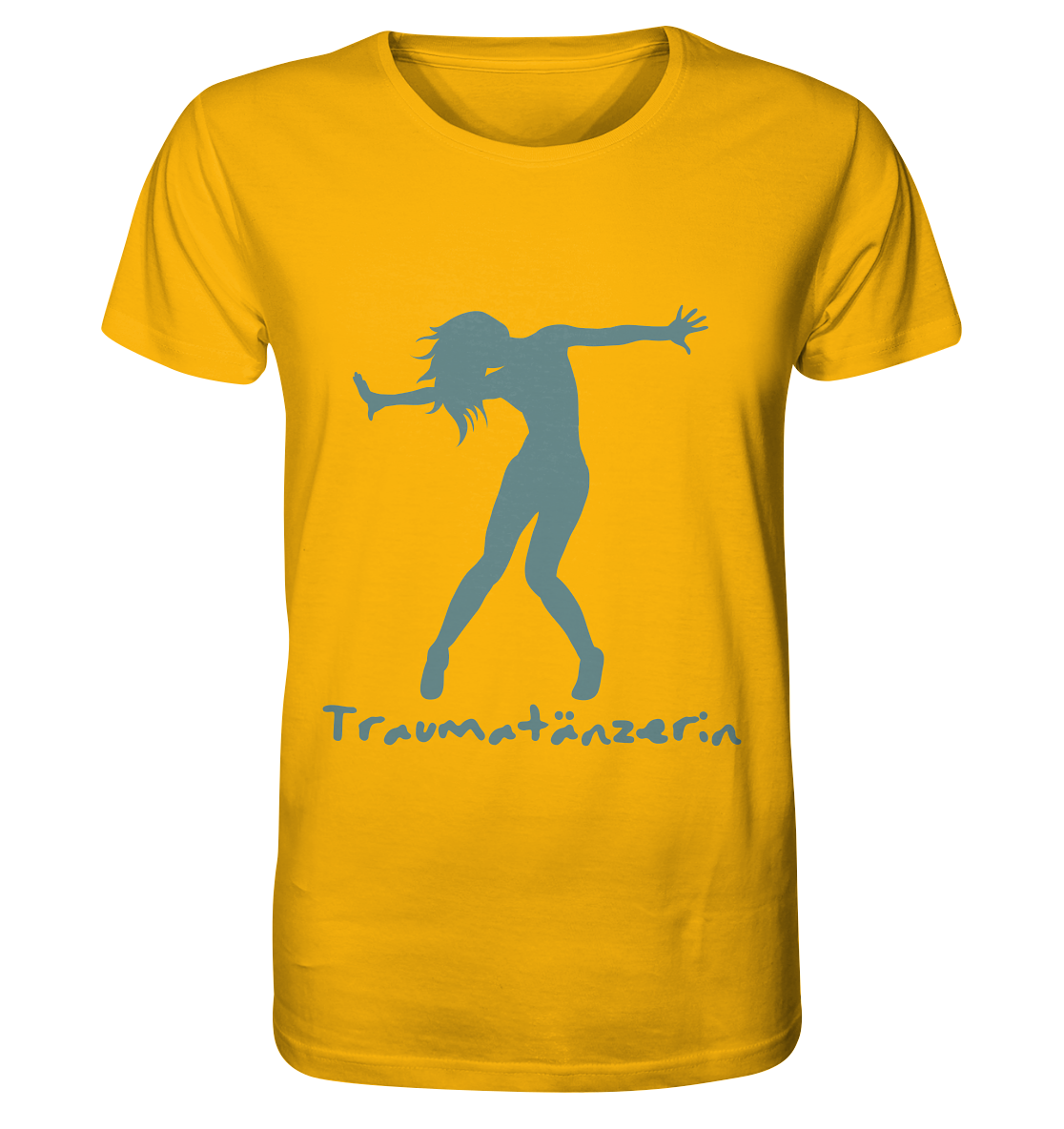 Ein gelbes Traumatänzerin - T-Shirt mit Spruch | Psychische Gesundheit mit der Silhouette einer tanzenden Frau von Artbookings.