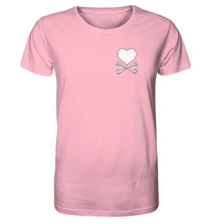 Das Krawall + Zärtlichkeit Poetry Slam T-Shirt von Artbookings/Shirtigo zeigt ein kleines weißes Herz über gekreuzten Knochen auf der linken Brust, ideal um die Liebe zur Kultur von Essen-Rüttenscheid auszudrücken oder es bei einem Poetry Slam zu tragen.