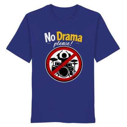 Das Artbookings/Shirtigo T-Shirt mit dem Spruch "No drama please!" und einem durchgestrichenen Drumset-Design setzt ein humorvolles Statement gegen toxische Positivität - perfekt für Dating oder als Zeichen für psychische Gesundheit.