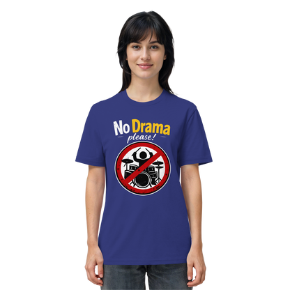 Jemand trägt das Artbookings/Shirtigo T-Shirt mit ironischem Spruch "No drama please!", das ein rotes Verbotszeichen über einem Schlagzeug zeigt - ein lustiges T-Shirt für Dating und psychische Gesundheit, mit dem man sich gegen toxische Positivität stellt.